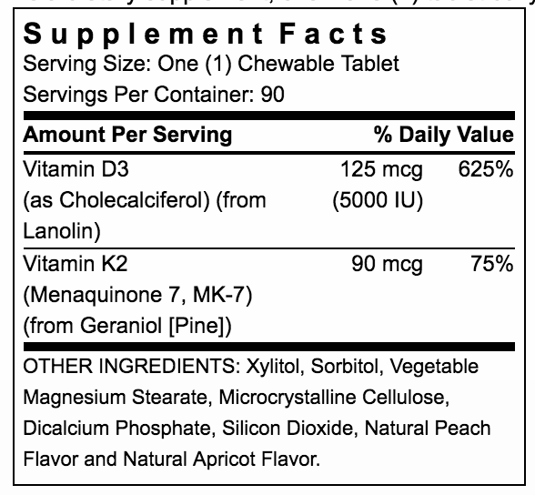 VITAMIN D3 (5000 IU) W/ VITAMIN K2 CHEW TAB SUPPLEMENT FACTS