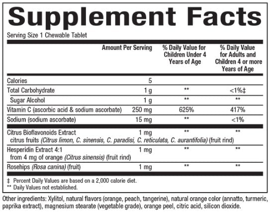 NATURAL FACTORS BIG FRIENDS CHEWABLE VITAMIN C 250 MG TANGY ORANGE Supplement Facts