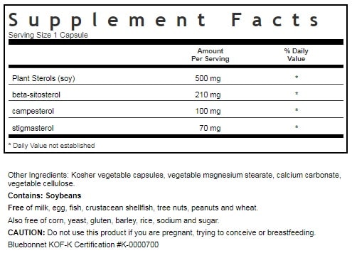 BLUEBONNET NUTRITION PLANT STEROLS 500 MG SUPPLEMENT FACTS