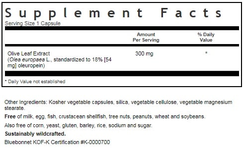 BLUEBONNET NUTRITION STANDARDIZED OLIVE LEAF HERB EXTRACT SUPPLEMENT FACTS