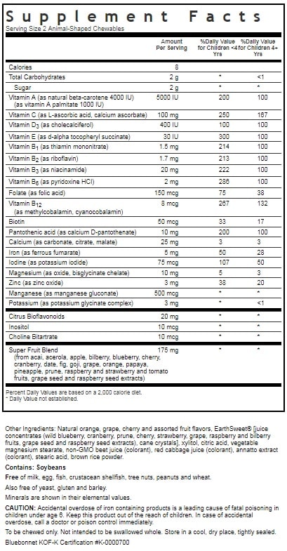 BLUEBONNET NUTRITION SUPER EARTH RAINFOREST ANIMALZ WHOLE FOOD BASED MULTIPLE ANIMALZ-SHAPED SUPPLEMENT FACTS