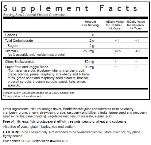 SUPER EARTH RAINFOREST ANIMALZ VITAMIN C ANIMAL-SHAPED SUPPLEMENT FACTS