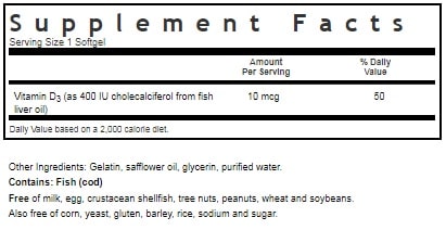BLUEBONNET NUTRITION VITAMIN D3 400 IU SUPPLEMENT FACTS