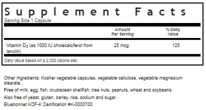 BLUEBONNET NUTRITION VITAMIN D3 1000 IU SUPPLEMENT FACTS