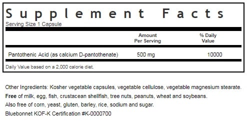 BLUEBONNET NUTRITION PANTOTHENIC ACID 500 MG SUPPLEMENT FACTS