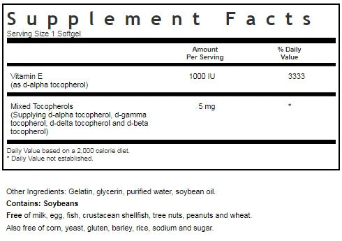 BLUEBONNET NUTRITION NATURAL VITAMIN E 1000 IU MIXED SUPPLEMENT FACTS