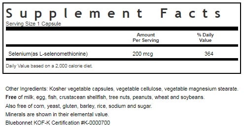 BLUEBONNET NUTRITION SELENIUM 200 MCG SUPPLEMENT FACTS