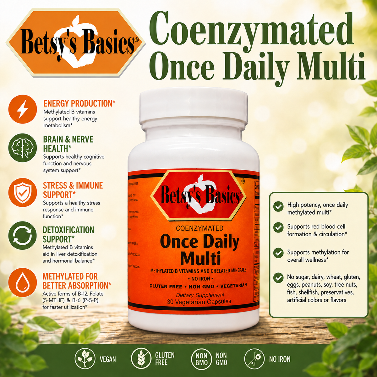 Supplement bottle of a multivitamin on a light green background with key selling points