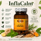 Betsy's Basics InflaCalm herbal supplement bottle shown on a light beige background with illustrated and real botanical elements, including ginger roots, mint leaves, turmeric, and herbs. Text highlights 7 standardized herbal extracts, ingredients, and benefits.