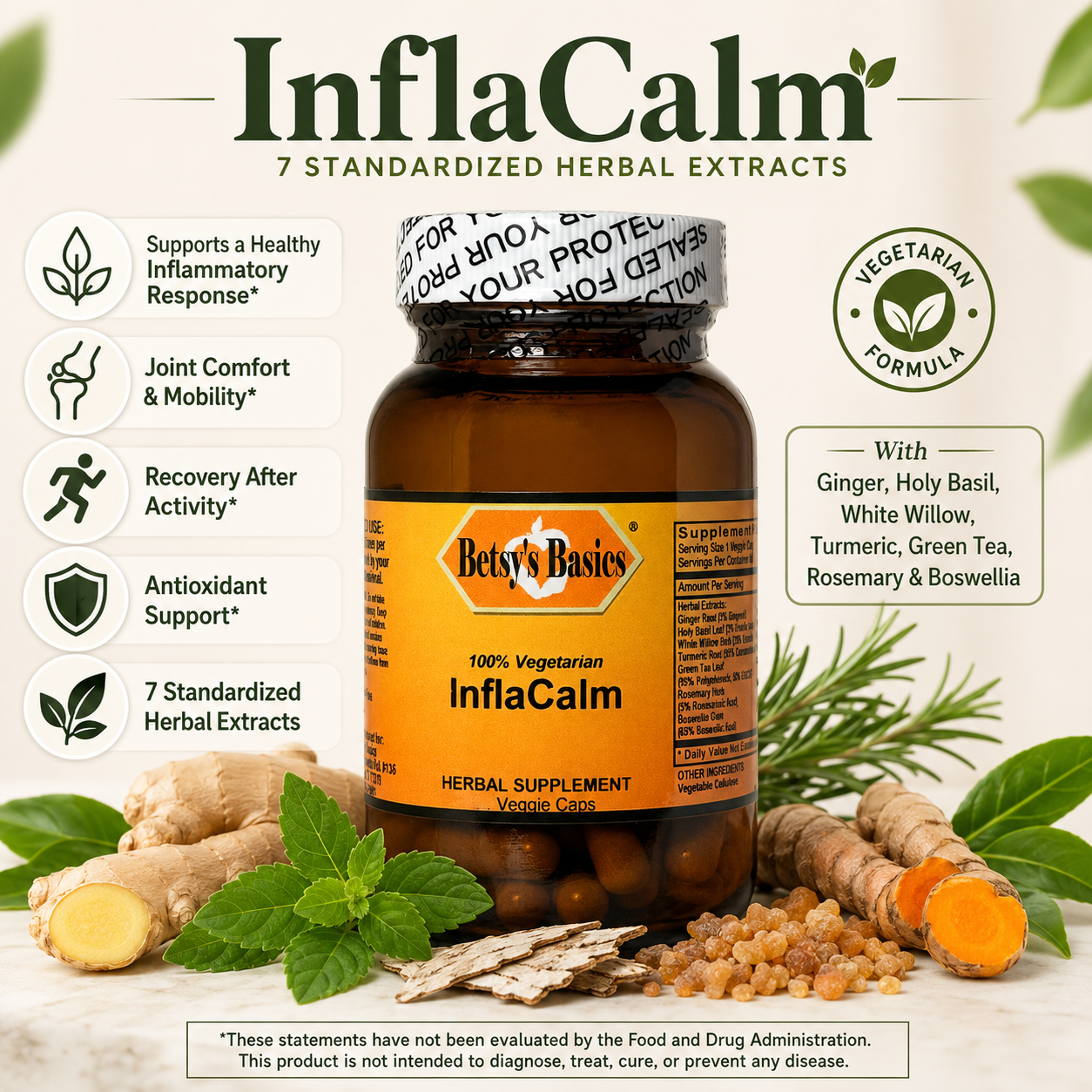 Betsy's Basics InflaCalm herbal supplement bottle shown on a light beige background with illustrated and real botanical elements, including ginger roots, mint leaves, turmeric, and herbs. Text highlights 7 standardized herbal extracts, ingredients, and benefits.