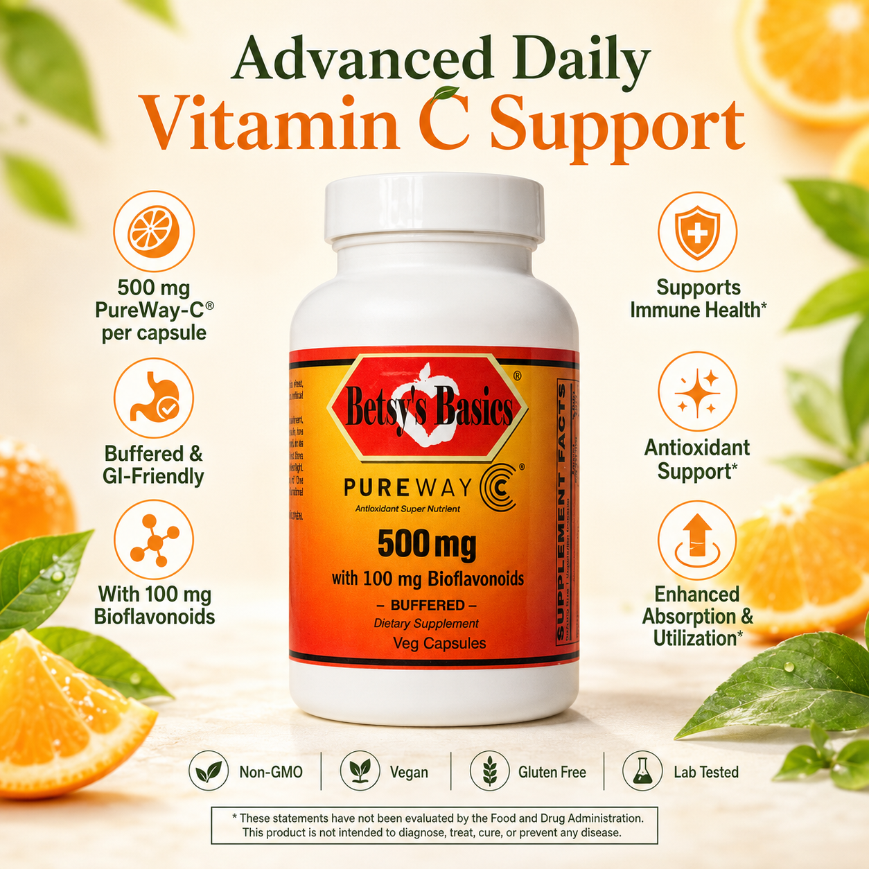 A bottle of Betty's Basics Pure Way Vitamin C Support dietary supplement centered on a light cream background with orange slices, green leaves, and feature callouts around it.