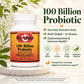 Betsy's Basics 100 Billion Probiotic supplement bottle displayed on a stone pedestal with decorative leaves, alongside product claims and feature icons on a light beige background.