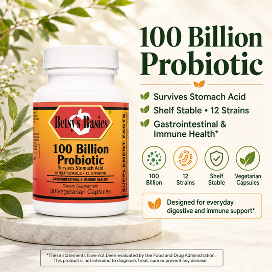 Betsy's Basics 100 Billion Probiotic supplement bottle displayed on a stone pedestal with decorative leaves, alongside product claims and feature icons on a light beige background.