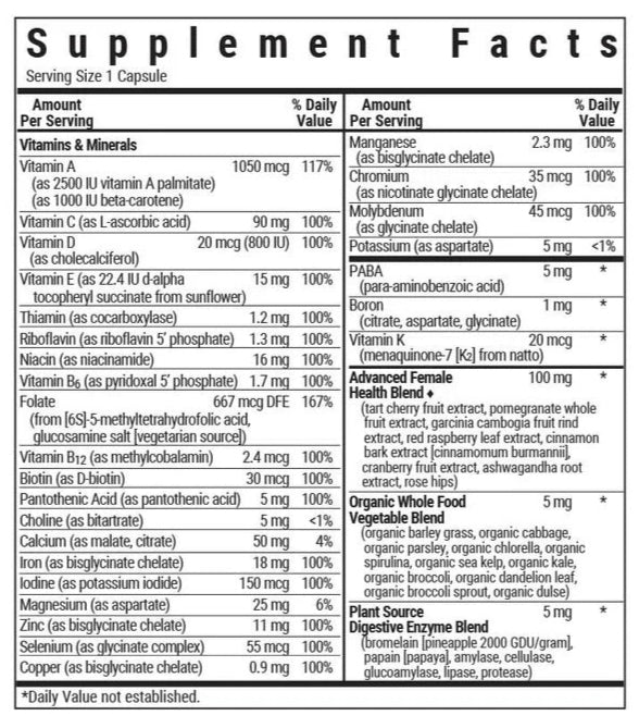 Bluebonnet Nutrition Ladies ONE Whole Food Based Multiple Supplement Facts