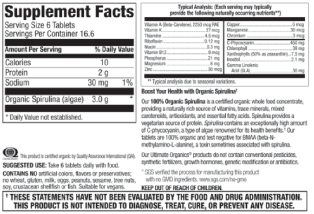 Betsy_s Basics Organic Spirulina Supplement Facts