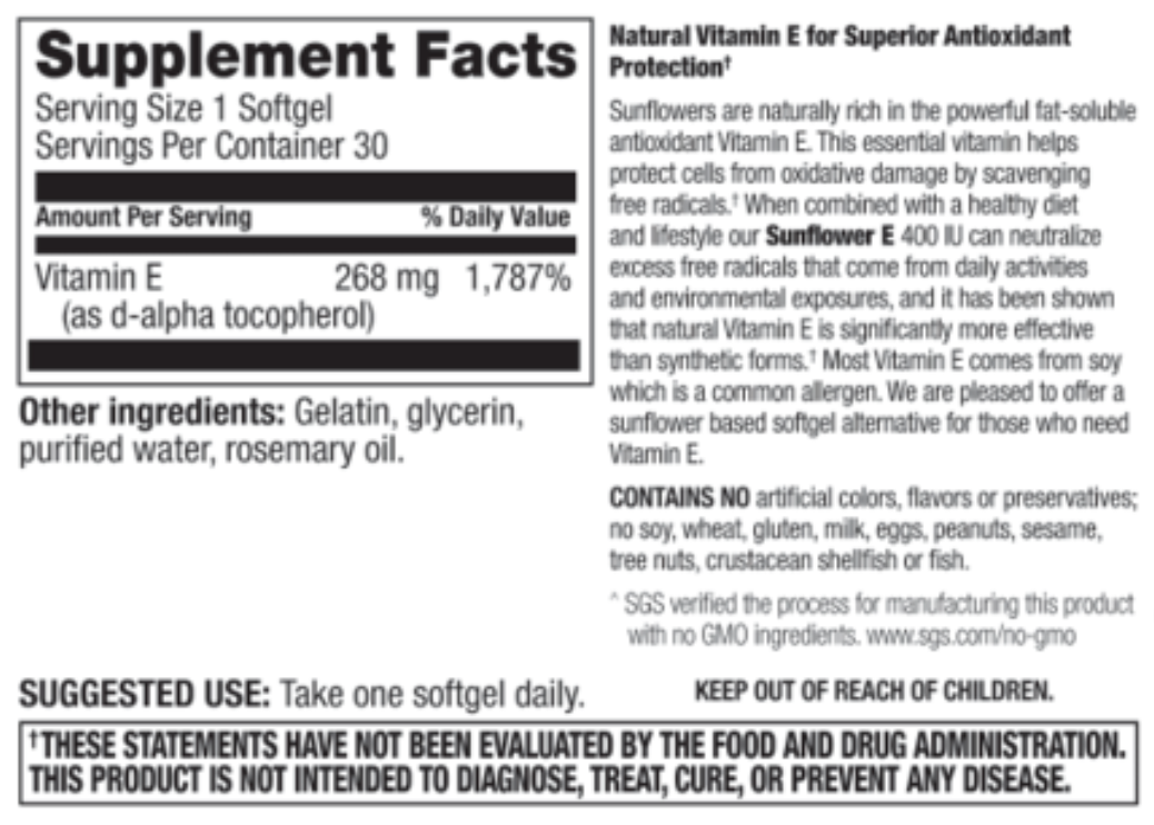 Betsy_s Basics Sunflower E 400 iu Supplement Facts