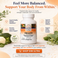 A white bottle of DIM Ultra dietary supplement by Essentials is centered on a soft beige promotional background with decorative greenery and icons. The ad includes text such as 'Feel More Balanced.