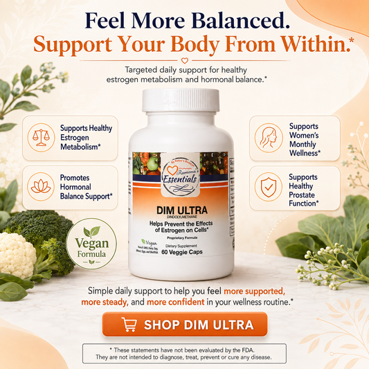 A white bottle of DIM Ultra dietary supplement by Essentials is centered on a soft beige promotional background with decorative greenery and icons. The ad includes text such as 'Feel More Balanced.