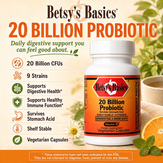 Betsy's Basics 20 Billion Probiotic supplement bottle shown on a warm beige promotional background with text callouts, icons, and food imagery including orange slices, mint, and a cup of tea.