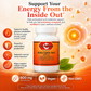 A bottle of Ruby's Balance Alpha Lipoic Acid 600 mg dietary supplement centered on a warm orange graphic background with text callouts and icons about health benefits.