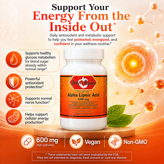 A bottle of Ruby's Balance Alpha Lipoic Acid 600 mg dietary supplement centered on a warm orange graphic background with text callouts and icons about health benefits.