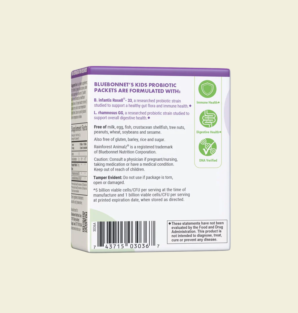 Bluebonnet Nutrition Rainforest Animalz Kids Probiotic Back Panel