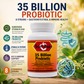 A bottle of Betty's Basics 35 Billion Probiotic dietary supplement centered on a promotional graphic background with green leaves, shield icons, and text highlighting gastrointestinal and immune health benefits.