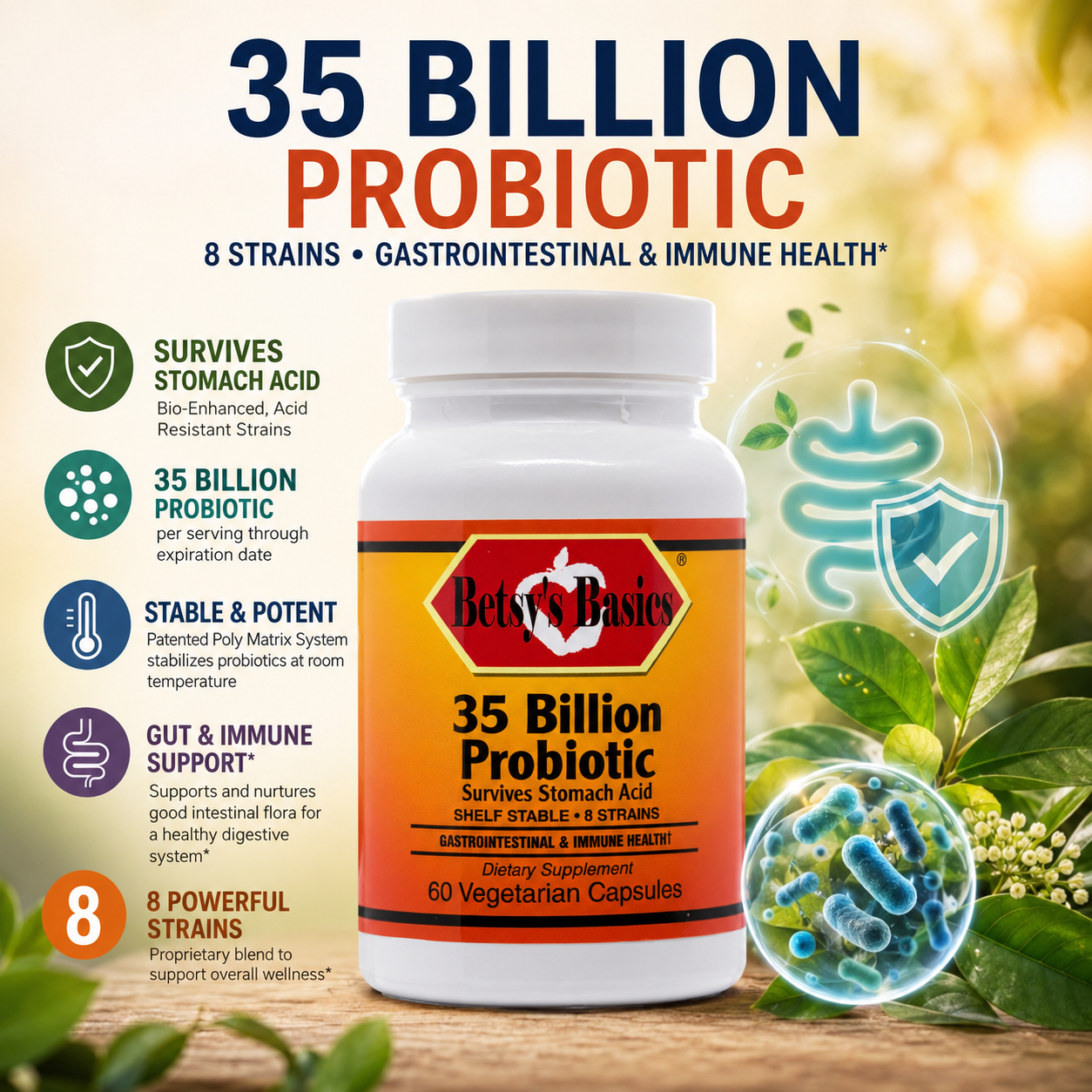 A bottle of Betty's Basics 35 Billion Probiotic dietary supplement centered on a promotional graphic background with green leaves, shield icons, and text highlighting gastrointestinal and immune health benefits.