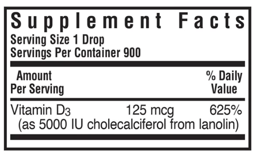 Bluebonnet Nutrition Liquid Vitamin D3 Drops 5000 iu Supplement Facts
