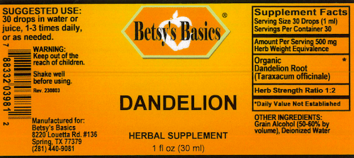 Betsy_s Basics Dandelion Liquid Herbal Supplement Full Label