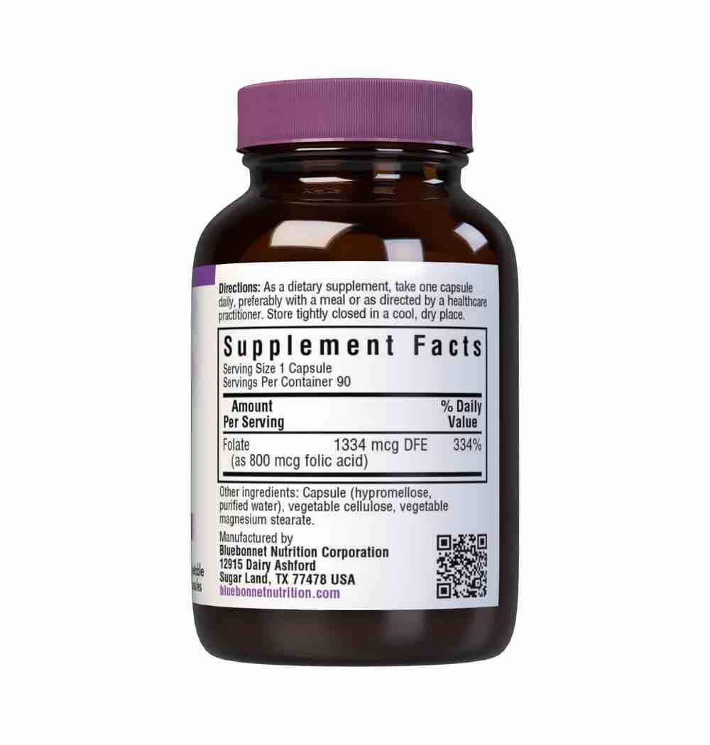 Bluebonnet Nutrition Folic Acid 800 mcg Supplement Facts