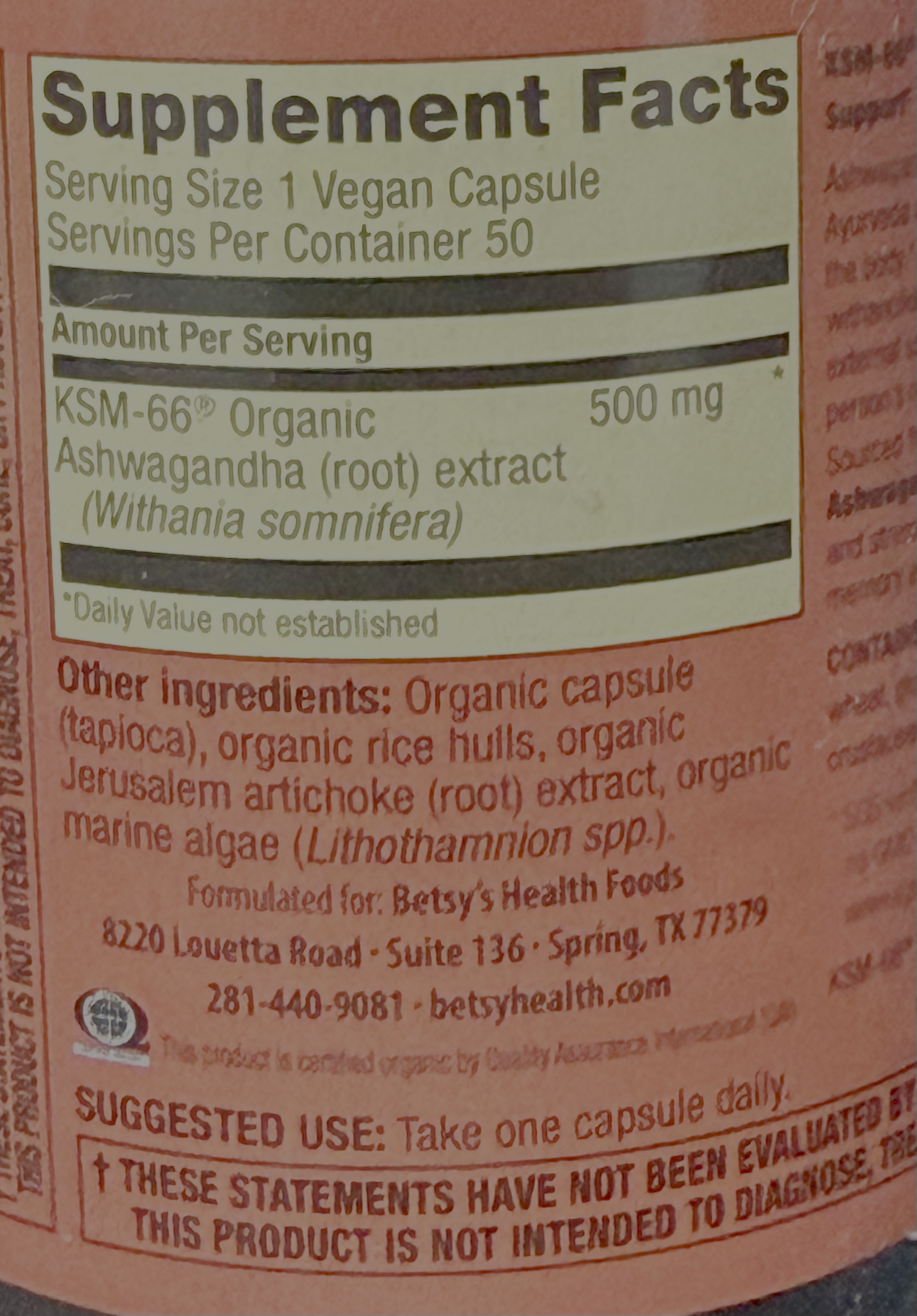 Betsy_s Basics KSM-66 Organic Ashwagandha Supplement Facts