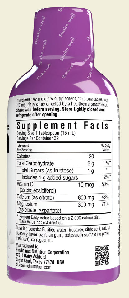 Bluebonnet Nutrition Liquid Calcium Magnesium Citrate and Vitamin D3 Supplement Facts Blueberry Flavor