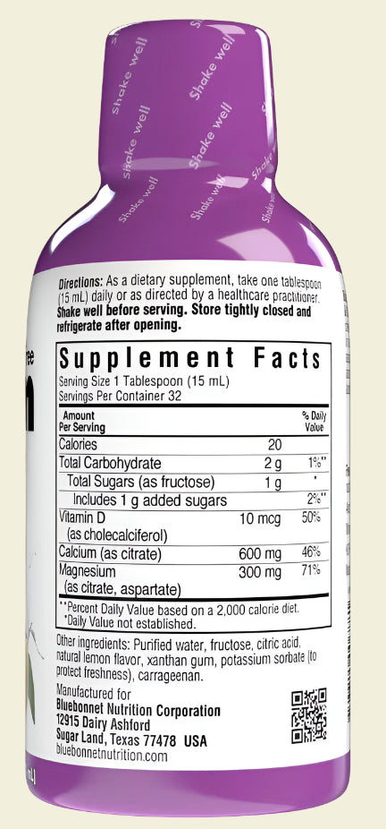 Bluebonnet Nutrition Liquid Calcium Magnesium Citrate and Vitamin D3 Supplement Facts Lemon Flavor