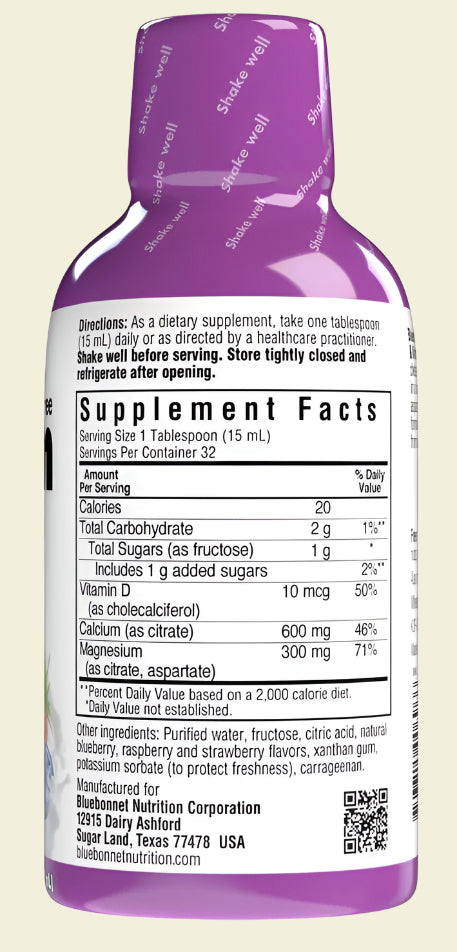 Bluebonnet Nutrition Liquid Calcium Magnesium Citrate and Vitamin D3 Supplement Facts Mixed Berry Flavor