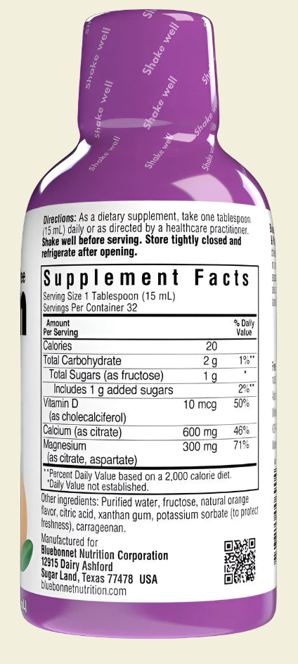 Bluebonnet Nutrition Liquid Calcium Magnesium Citrate and Vitamin D3 Supplement Facts Orange Flavor