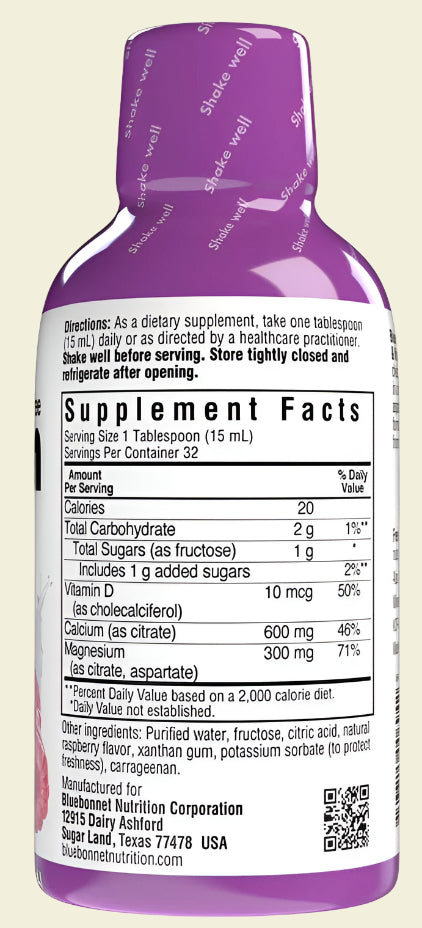 Bluebonnet Nutrition Liquid Calcium Magnesium Citrate and Vitamin D3 Supplement Facts Raspberry Flavor