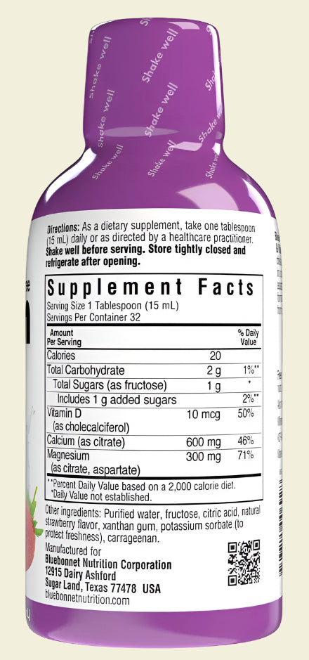 Bluebonnet Nutrition Liquid Calcium Magnesium Citrate and Vitamin D3 Supplement Facts Strawberry Flavor