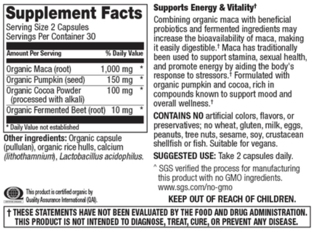 Betsy_s Basics Organic Fermented Maca Complex Supplement Facts