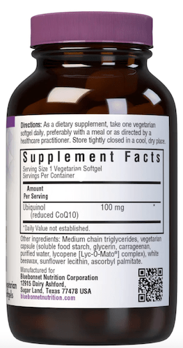 Bluebonnet Nutrition Ubiquinol 100 mg Supplement Facts