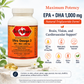A bottle of Betsy's Basics Ultra Omega-3 dietary supplement with EPA and DHA, shown on a white background with informational text and icons. The bottle is white with an orange label, and the scene includes soft-focus green leaves and white flowers.