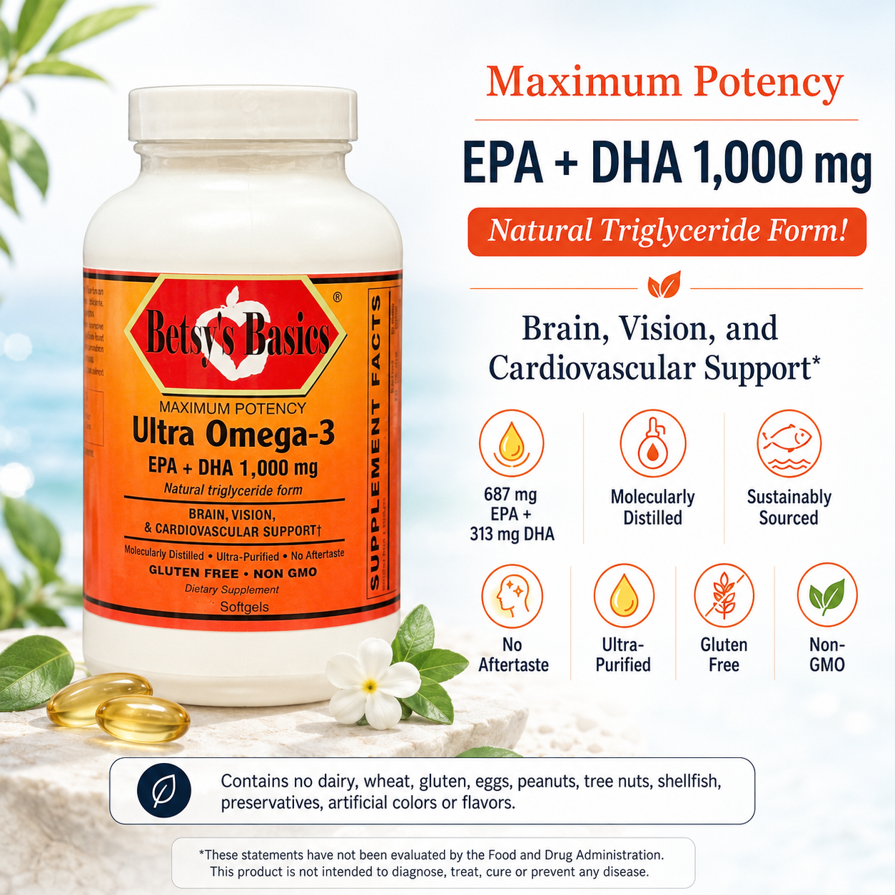 A bottle of Betsy's Basics Ultra Omega-3 dietary supplement with EPA and DHA, shown on a white background with informational text and icons. The bottle is white with an orange label, and the scene includes soft-focus green leaves and white flowers.