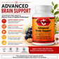 Betsy's Basics Advanced Brain Support dietary supplement bottle shown on a promotional infographic background with text callouts, icons, and ingredient imagery including blueberries, soybeans, and green leaves.