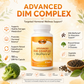 A dietary supplement bottle labeled 'Advanced Dim Complex + BioPenine' centered on a warm beige background with decorative leaves and text callouts about hormonal support, broccoli extract, calcium, D-glucarate, and vegetable capsules.