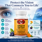 Betsy's Basics Advanced Eye Care supplement bottle centered on a promotional graphic with a close-up eye, text claims, ingredient icons, and certification badges on a blue-toned background.