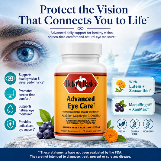 Betsy's Basics Advanced Eye Care supplement bottle centered on a promotional graphic with a close-up eye, text claims, ingredient icons, and certification badges on a blue-toned background.
