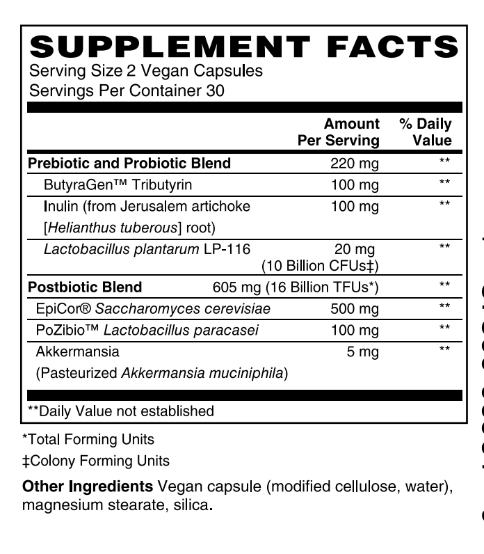 Supplement facts label for a synbiotic product with trademarked ingredients and Akkermansia