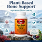 A bottle of Bet's Basics Algae Based Calcium 1,000 mg dietary supplement displayed on a rock with ocean scenery in the background. The image features various informational callouts highlighting product benefits such as supporting bone density, vegan ingredients, and trace minerals.