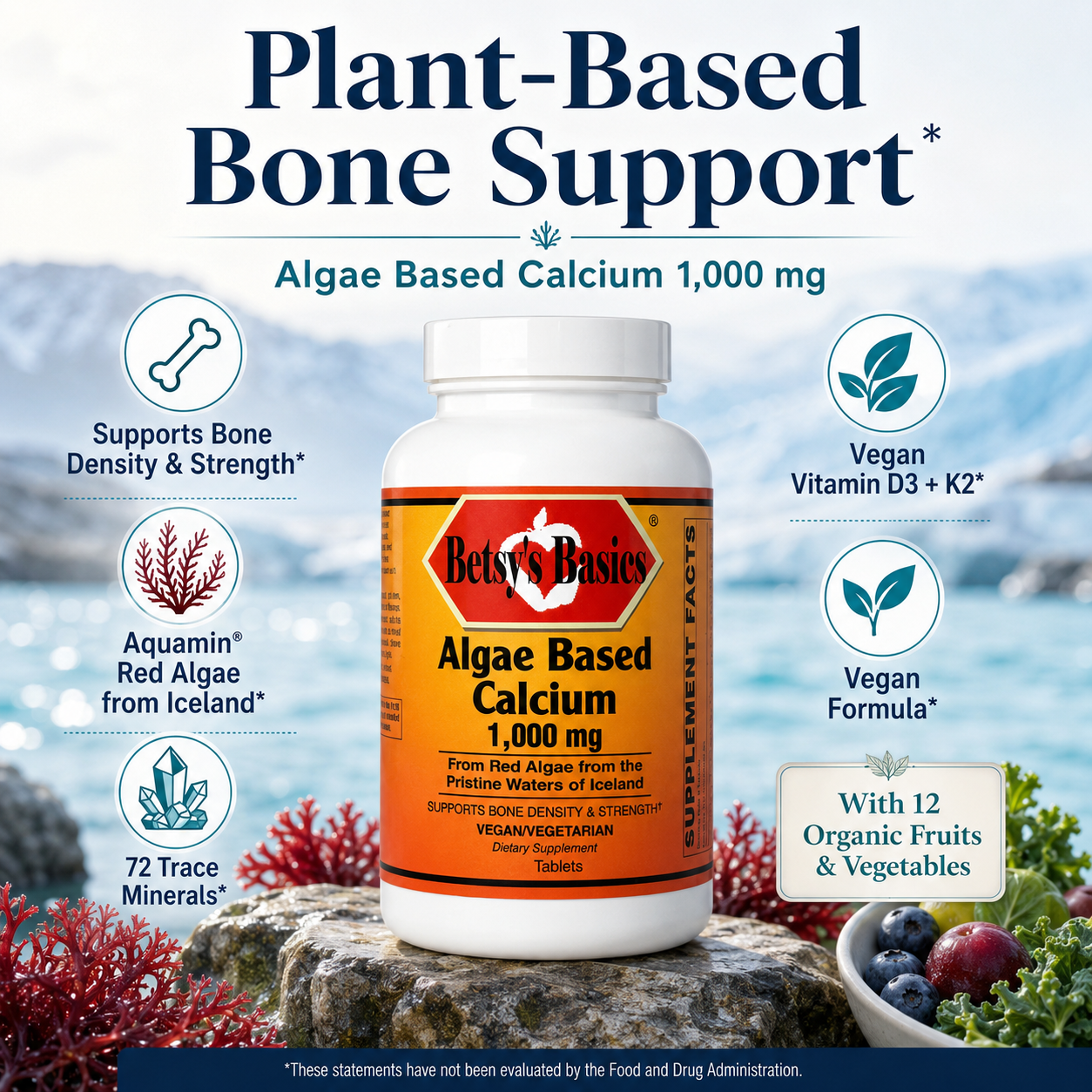 A bottle of Bet's Basics Algae Based Calcium 1,000 mg dietary supplement displayed on a rock with ocean scenery in the background. The image features various informational callouts highlighting product benefits such as supporting bone density, vegan ingredients, and trace minerals.
