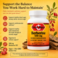 Betsy's Basics Berberine 500 mg dietary supplement bottle on a warm yellow background with product benefits listed on the left and botanical illustrations on the right.